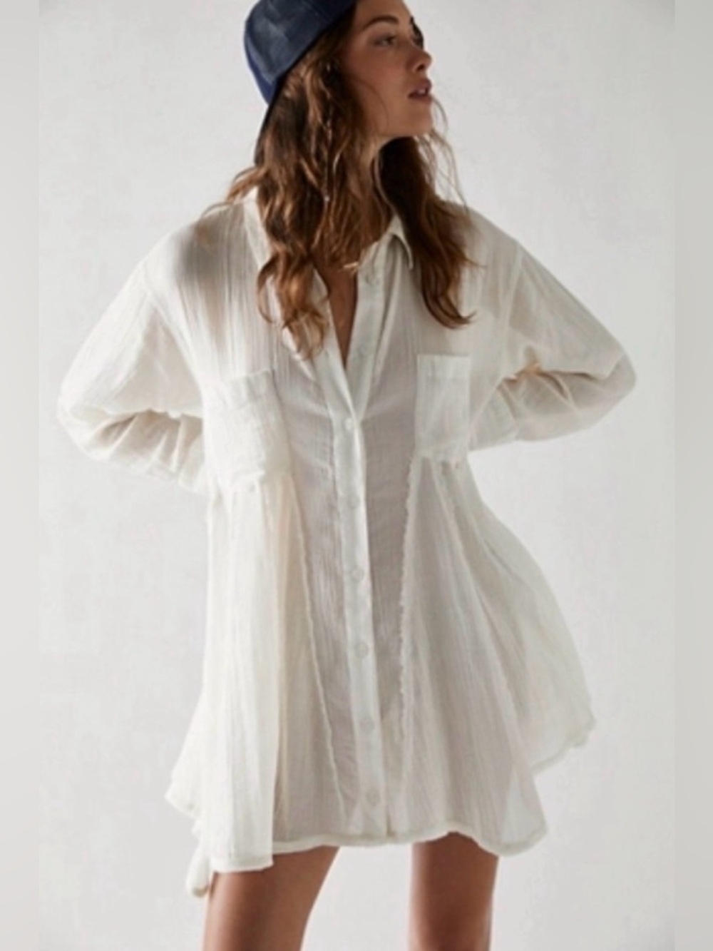NWOT Free People White Sheer Flared Button-Up Tunic - Picture 6 of 6